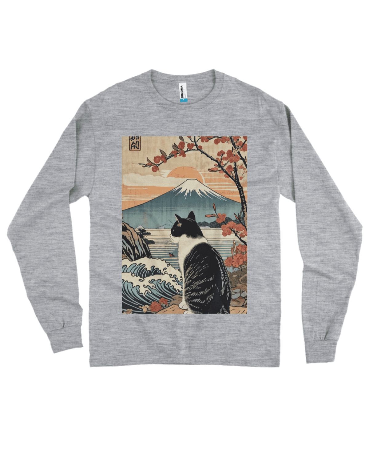 Camiseta Manga Longa Gato e Monte Fuji